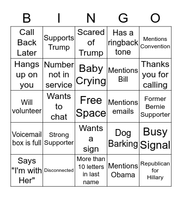 Phone Bank Bingo Card