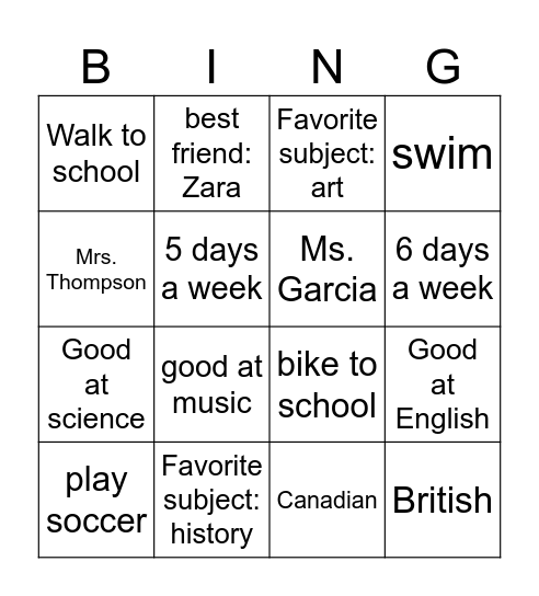 AT SCHOOL BINGO Card