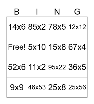 Multiplication Bingo Card