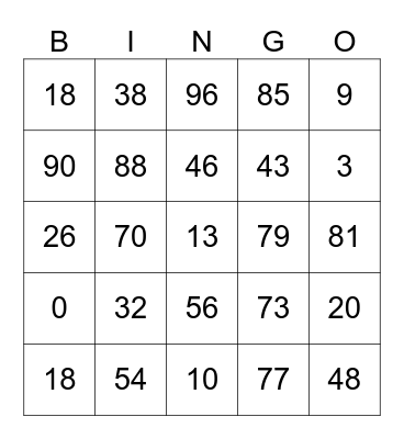 Number Bingo Card