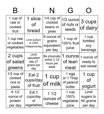 NUTRITION BINGO Card