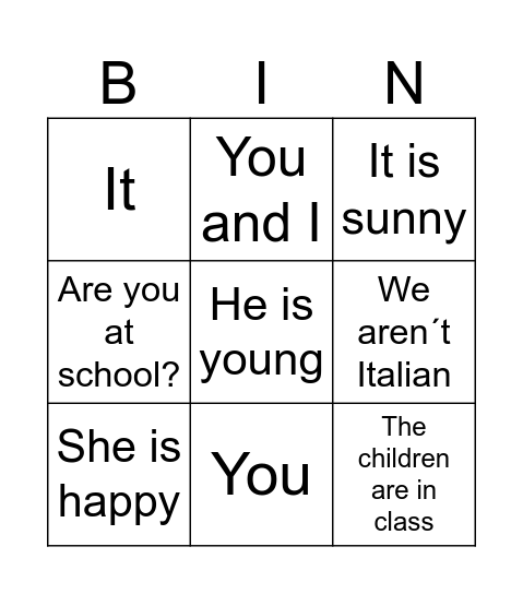 Subject pronouns and TO BE Bingo Card