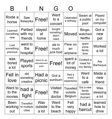 What I Did on My Summer Vacation Bingo Card