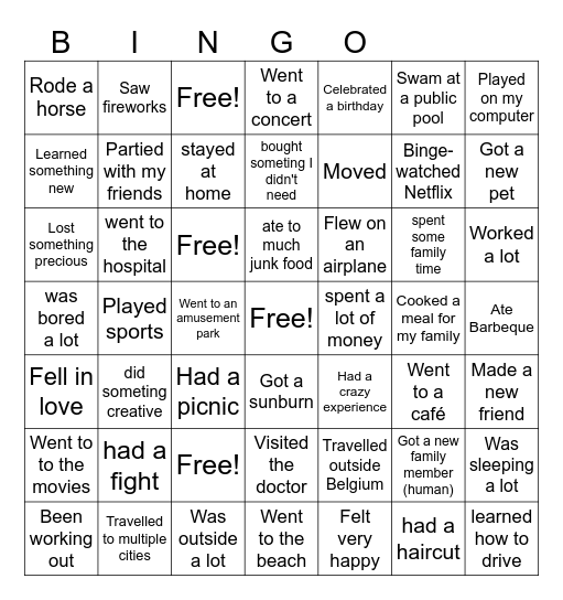 What I Did on My Summer Vacation Bingo Card
