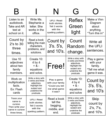 3rd Grade Homework Bingo Card