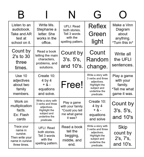 3rd Grade Homework Bingo Card