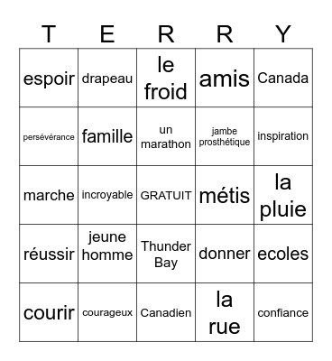 Terry Fox Bingo Card