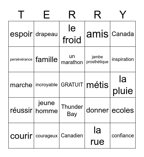 Terry Fox Bingo Card