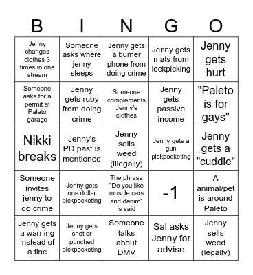 Jenny Onx Bingo Card