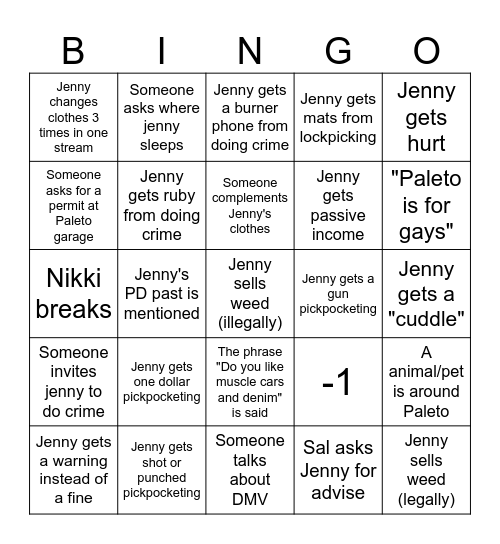 Jenny Onx Bingo Card