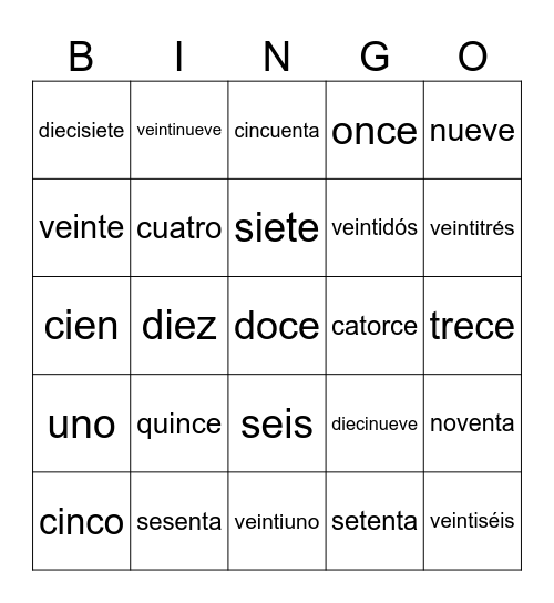 Números en Español Bingo Card