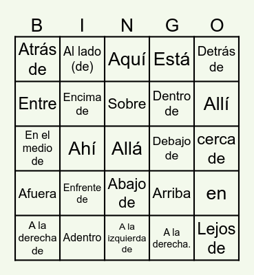 Preposiciones de Lugar Bingo Card