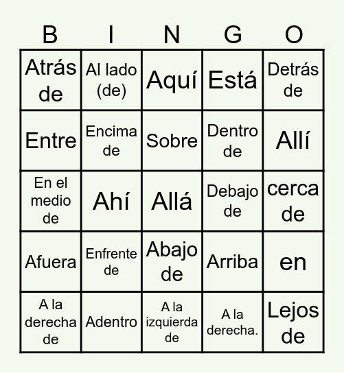 Preposiciones de Lugar Bingo Card