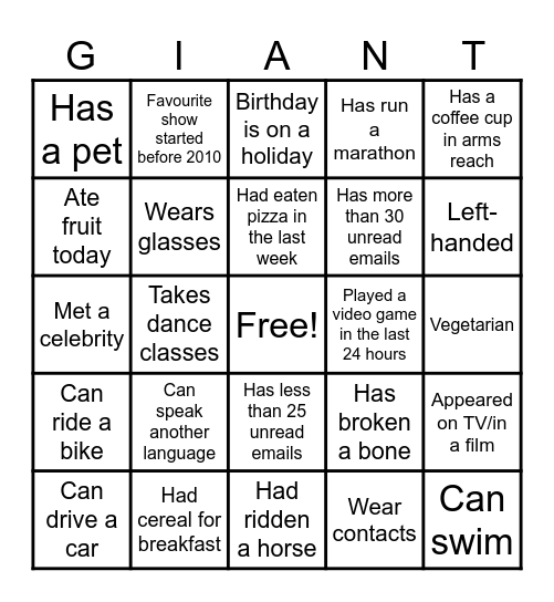 Giant Bingo! Bingo Card