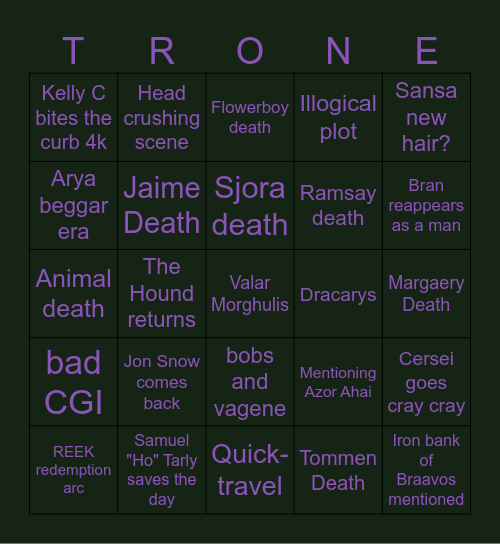 RIP JON SNOW Bingo Card