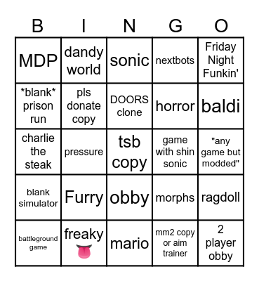 Roblox Games Bingo Card