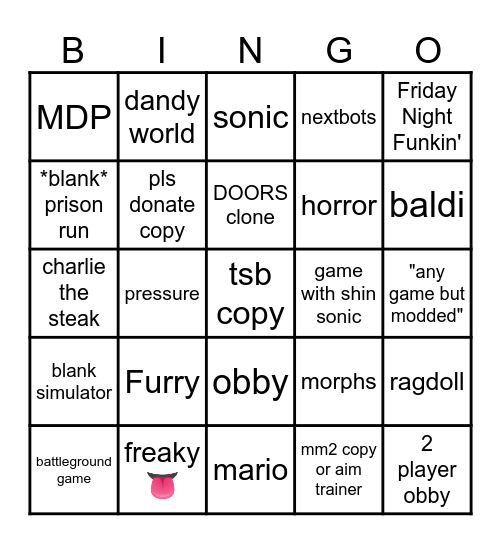 Roblox Games Bingo Card