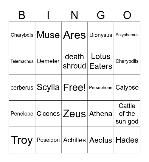 The Odyssey and Greek Mythology Bingo Card