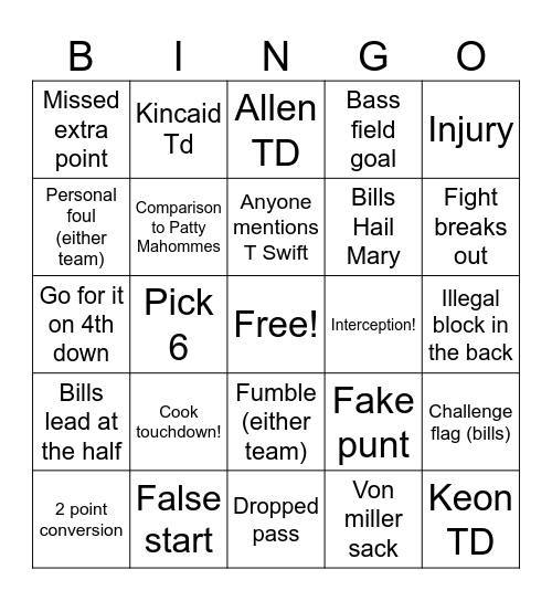 Buffalo Bills bingo Card