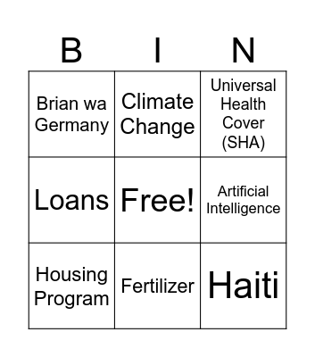Ruto Speech Bingo Card