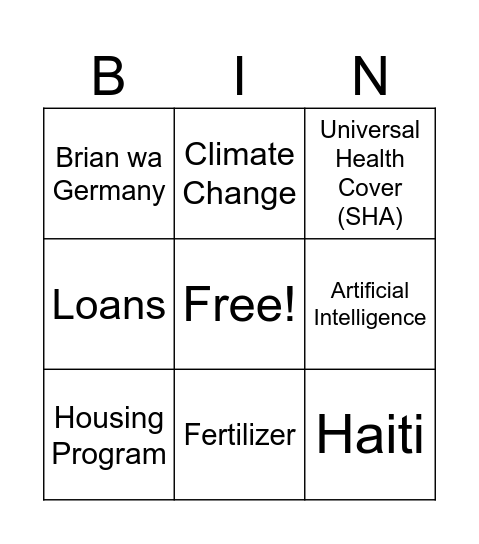 Ruto Speech Bingo Card