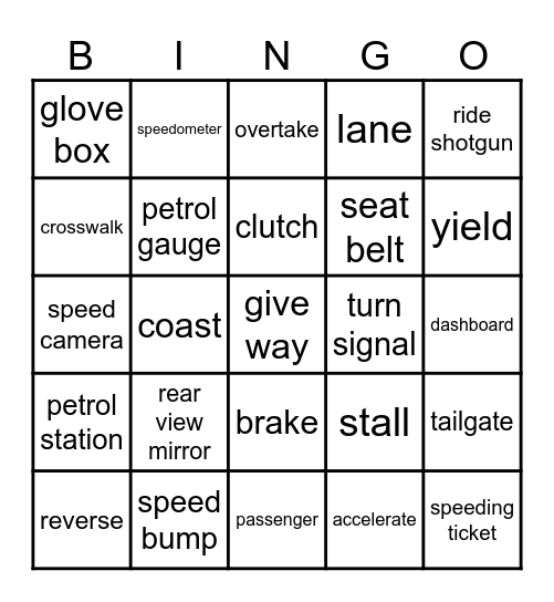 Driving vocabulary Bingo Card