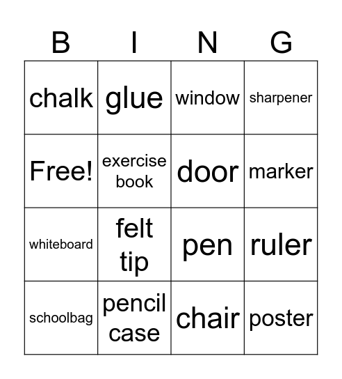 School objects Bingo Card