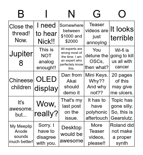 Gearslutz new synth Bingo Card