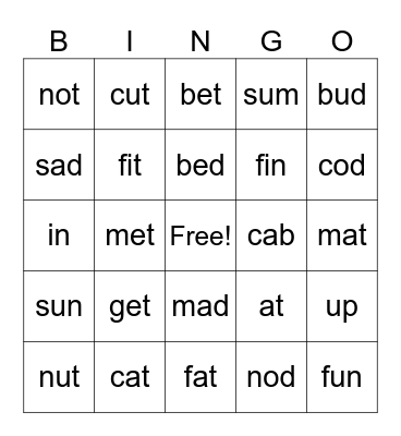 CVC Words Bingo Card