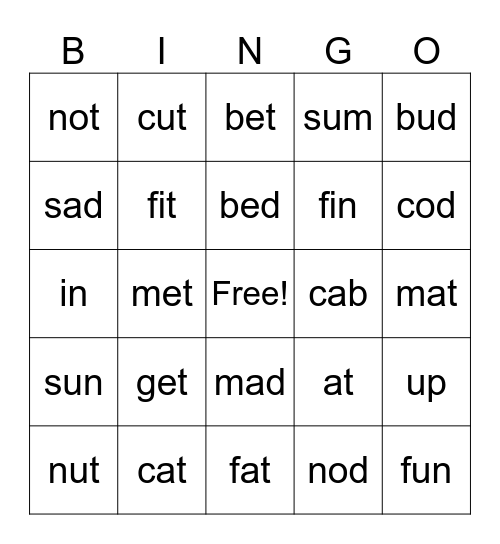 CVC Words Bingo Card