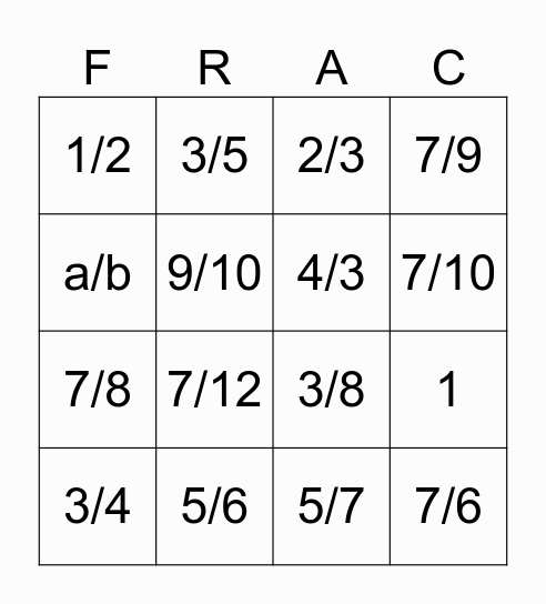 Adding Fractions Bingo Card