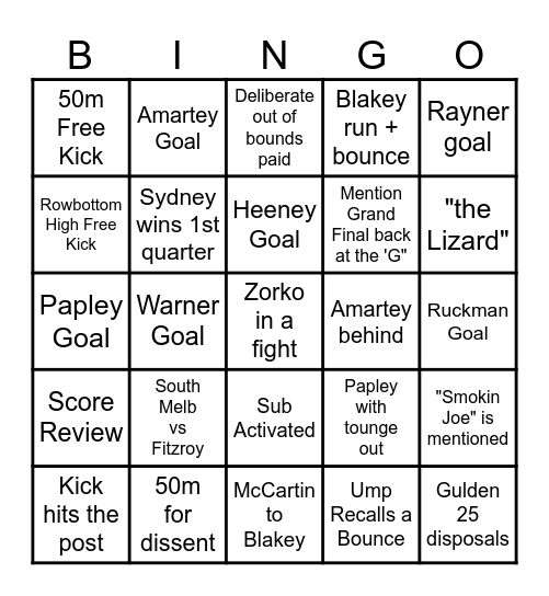 AFL 2024 Grand Final Bingo Card