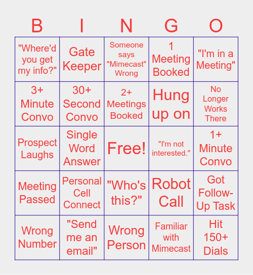 BDR Cold Call Bingo Card