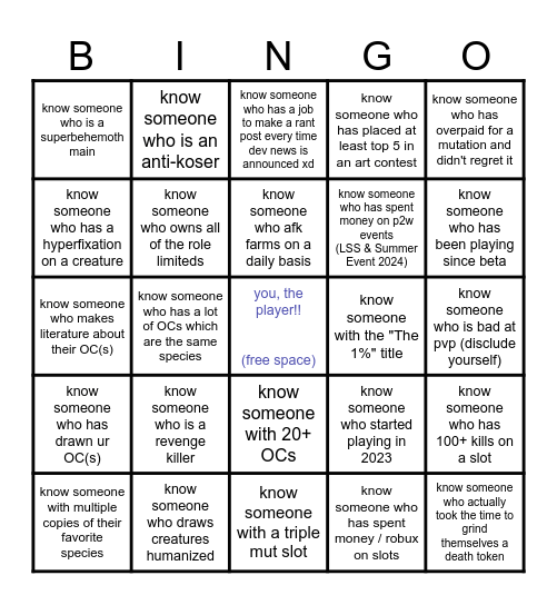 Creatures of Sonaria Player Bingo (?) Bingo Card