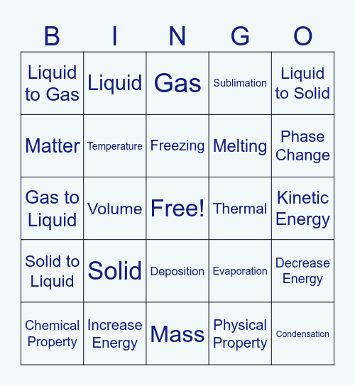 Properties of Matter Review Bingo Card