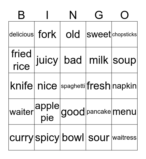 On The Menu Bingo Card