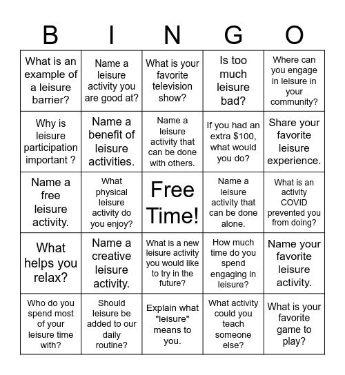 Leisure Bingo Card