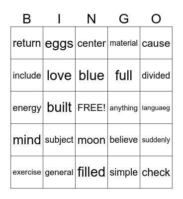 High Frequency Words Bingo Card