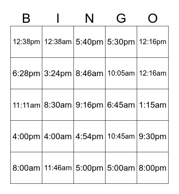Telling Time Bingo Card