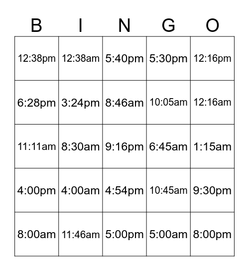 Telling Time Bingo Card