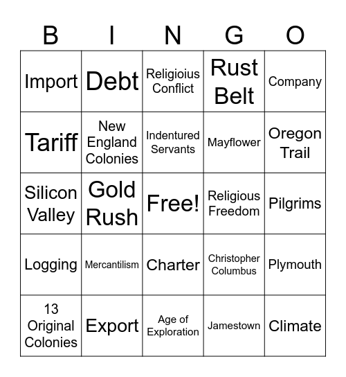 U.S. History Bingo Card