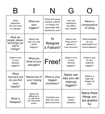 Recovery Bingo Card