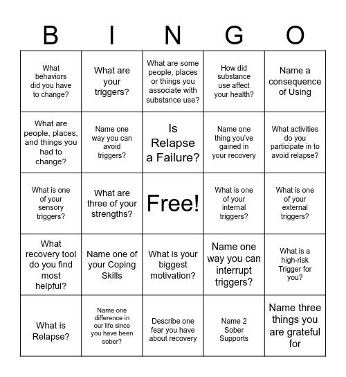 Recovery Bingo Card