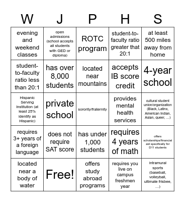 College Fair Bingo Card