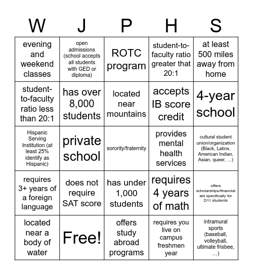 College Fair Bingo Card