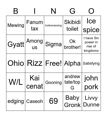 Brainrot bingo board Bingo Card