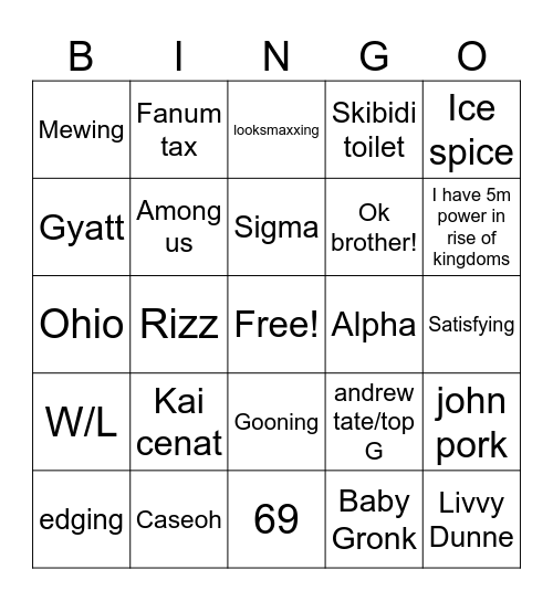 Brainrot bingo board Bingo Card