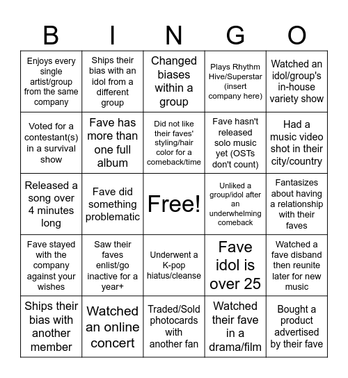 K-pop Fan Bingo Vol. 2 Bingo Card