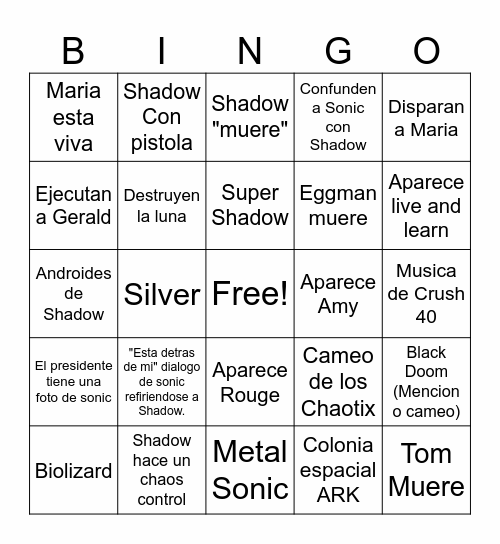 Sonic 3 Bingo Card