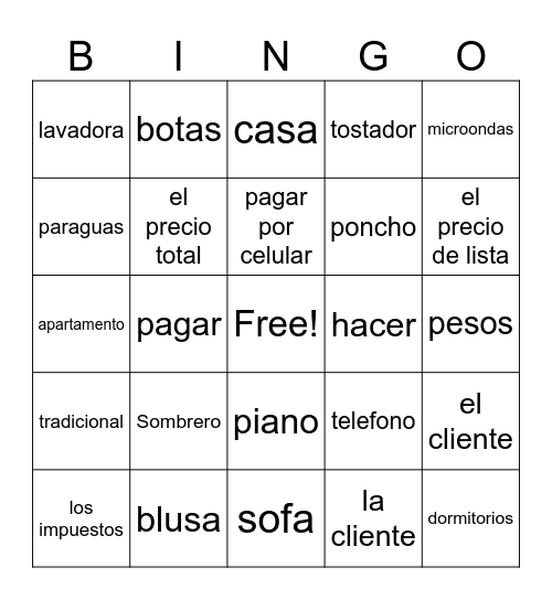 Spanish Bingo Card